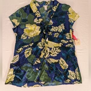 New Y2K Old Navy Perfect Fit 100% Silk Floral Cap Sleeve Tie Blouse Size Lrg.